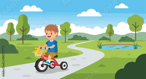 A happy young boy rides a red tricycle on a path through a peaceful green park