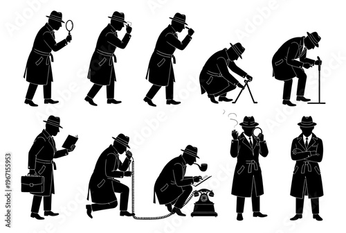 A detective investigates crime scenes with various tools and actions outdoors.