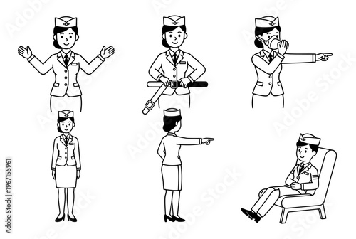 Flight attendants illustrate various actions and gestures on a plane.