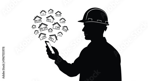 Construction worker viewing house designs on a phone black silhouette