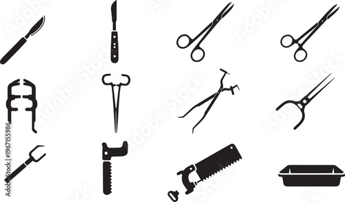 Collection of various surgical tools and medical instruments isolated on white background