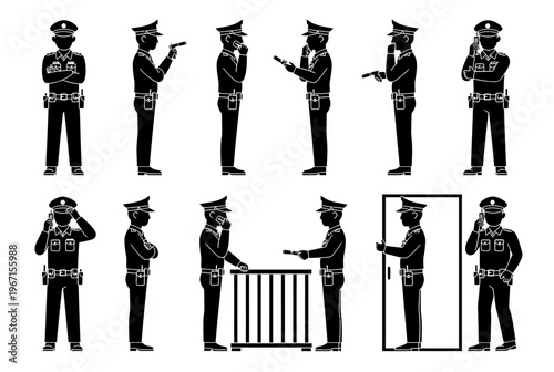 Police officers in various poses stand guard at a gate