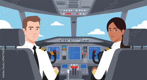 A man and a woman in pilot uniforms sitting in an airplane cockpit flying high
