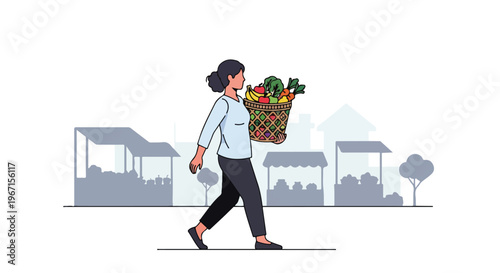 A woman walks through an outdoor market carrying a basket full of fresh produce