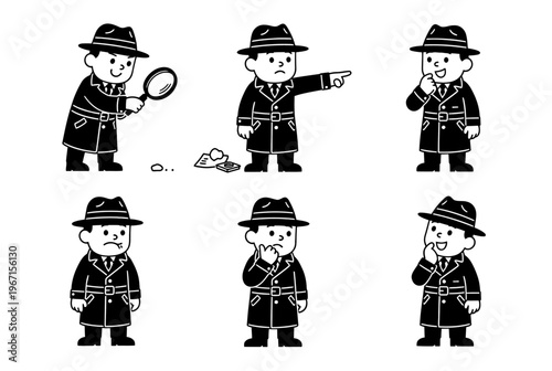 A detective examines clues in a city street at night with a magnifying glass