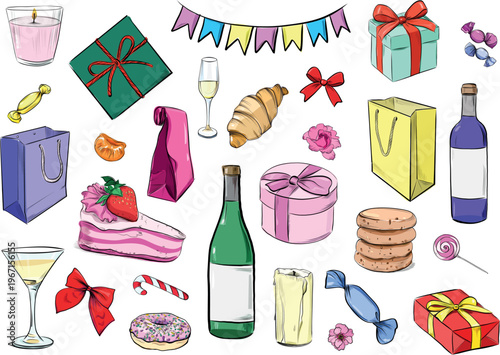 Party set with drinks gifts sweets wine and festive decorations vector