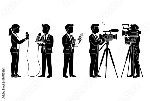 A group of journalists and camera operators are recording a live broadcast.