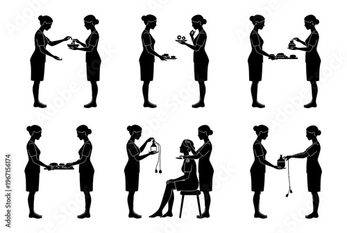 A woman performs various actions with objects while standing or sitting in different poses.