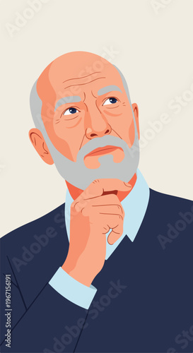 A thoughtful elderly man with a grey beard gazing upwards in a vector portrait