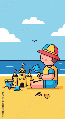 A cartoon child wearing a colorful hat playing with a sandcastle on the beach