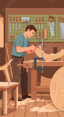 A man in a workshop carefully shaping a wooden piece with a handheld metal tool