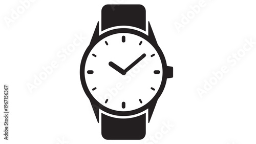 Watch black icon with a white analog face and simple hour markers, representing timekeeping and fashion accessories