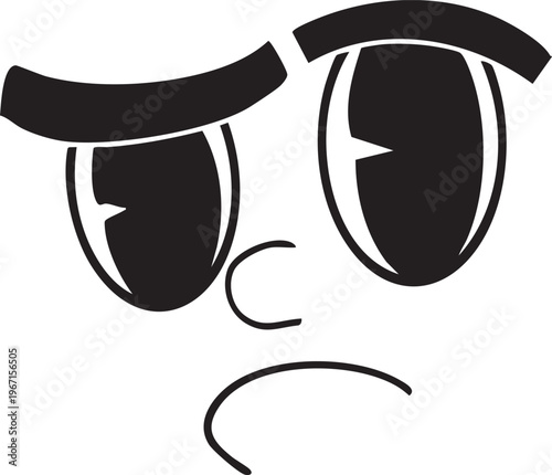 Sad cartoon face vector with disappointed expression in black and white. Minimal doodle style illustration, perfect for stickers, emojis, social media and graphic design.