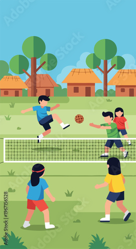 Flat illustration of children playing a ball game outdoors in a village setting