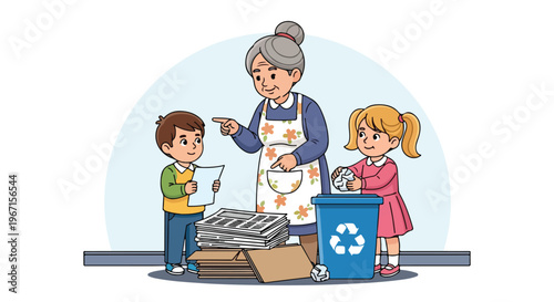 An elderly woman shows children how to sort paper and cardboard for recycling bin