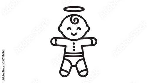 Baby icon with halo and smiling face, representing innocence and divinity in a simple outline design.