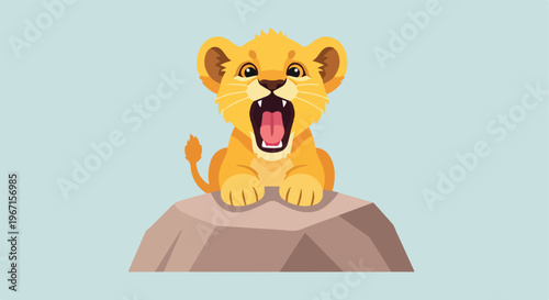 A cute cartoon lion cub sitting on a rock with its mouth wide open to roar loud