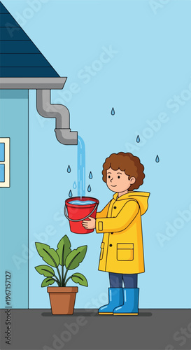 A child in a yellow raincoat collects rainwater from a roof downspout in a pot