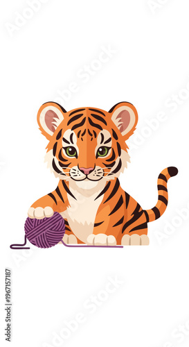 A cute cartoon tiger cub sitting and playing with a purple ball of yarn wool (1)