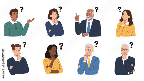 Diverse group of men and women of various ages with question marks above their heads, symbolizing confusion, doubt, and critical thinking.