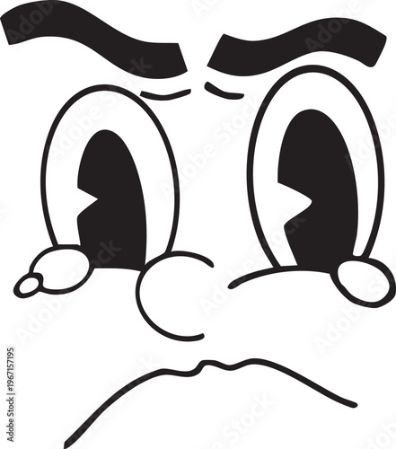 Crying cartoon face vector with tears and emotional sad expression in black and white. Minimal doodle style illustration, perfect for stickers, emojis, social media and graphic design.