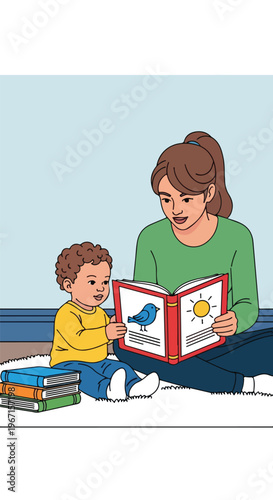 A mother sits on the floor with her young child, reading an illustrated book