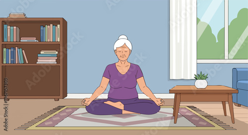 An elderly woman with white hair sits in a meditative lotus pose on a rug room