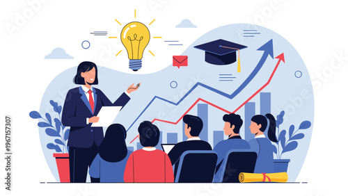 Businesswoman giving a presentation to a diverse audience, with charts, a lightbulb, and a graduation cap symbolizing education, growth, and innovation.