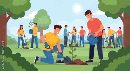 A group of volunteers works together in a sunny park to plant small green trees