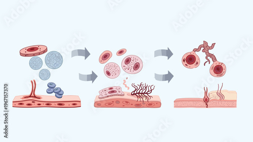 Detailed diagram illustrating the process of cell differentiation and skin cell regeneration, showcasing biological complexity and healing stages.