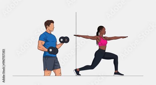 A man lifting dumbbells while a woman performs a lunge pose in gym sportswear