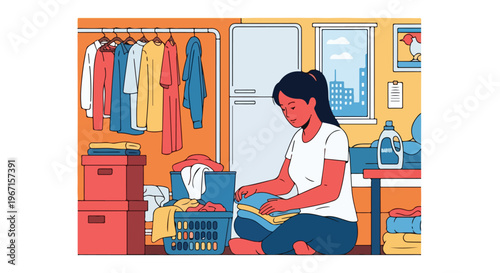 A woman sitting on the floor in her room, carefully folding clean laundry piles