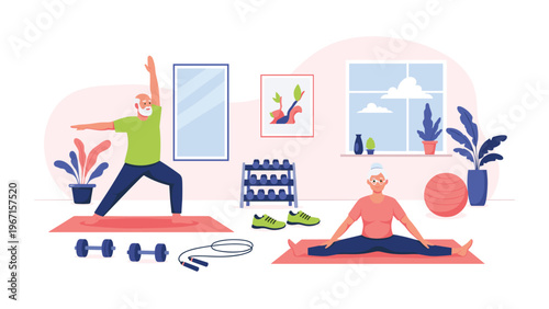 Energetic senior couple performing yoga and stretches at home, depicting healthy aging, fitness, and an active, balanced lifestyle.