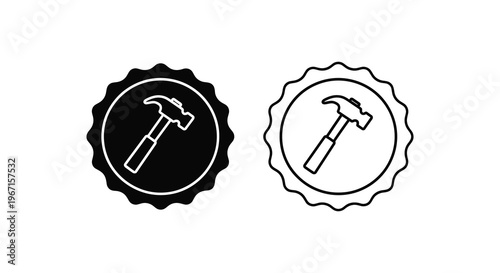 Two hammer emblems in black and white distinct circular designs silhouette