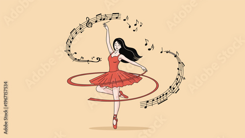 Graceful ballerina in a red dress dancing with a ribbon, surrounded by musical notes, symbolizing art, music, passion, and elegant performance.