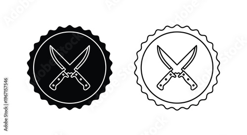 Two crossed kitchen knives inside circular badges black and white versions silhouette