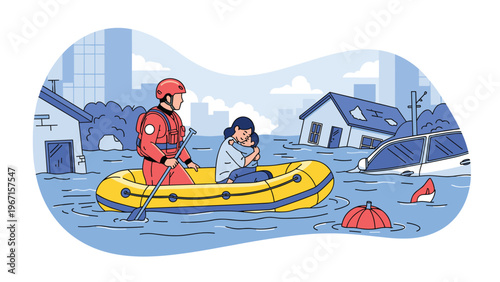 Rescuer navigating a flooded city in a rubber boat, helping a woman and child, illustrating disaster relief, emergency, and natural catastrophe.