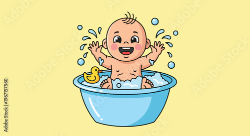 A joyful cartoon baby splashes in a blue tub filled with bubbly soap and a duck