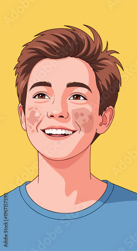 A cartoon illustration of a smiling boy with skin pigmentation on his cheeks