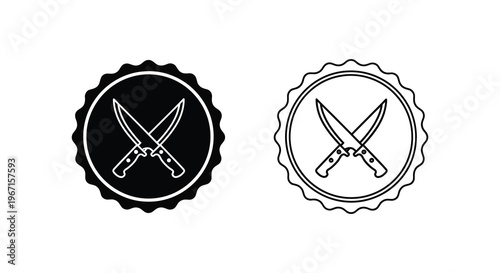 Two crossed kitchen knives within circular badges a stark black silhouette