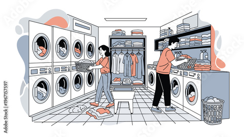 Busy laundromat scene with people washing and folding clothes, featuring washing machines, dryers, and laundry baskets, illustrating routine chores.