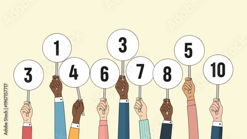 Diverse hands holding up scorecards with numbers from 1 to 10, representing evaluation, rating, voting, and feedback in a competition or survey.