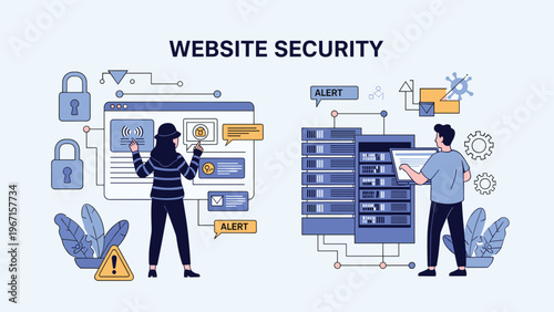 Comprehensive "Website Security" concept with a hacker, server racks, locked screens, and alert notifications, illustrating cybersecurity and data protection.