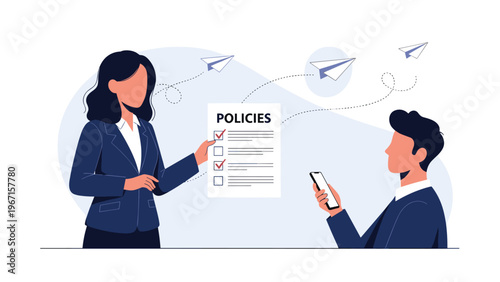 Businesswoman presenting a "Policies" document to a man checking his phone, with paper planes flying, symbolizing communication and compliance.