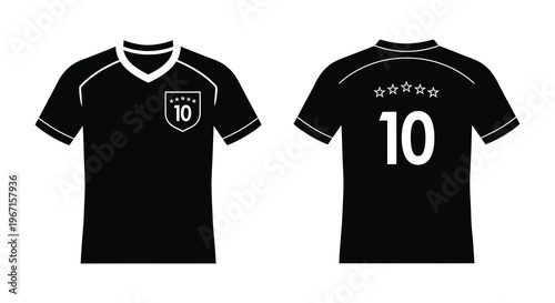 Black sports 10 number jersey design with number ten front and back view silhouette