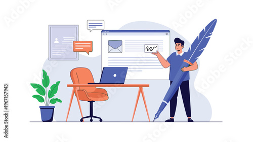 Man holding a large quill pen, ready to write on a digital document on a computer screen, symbolizing copywriting, content creation, and digital authoring.