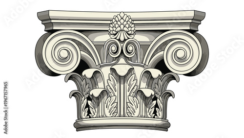 Highly detailed illustration of an ancient Greek or Roman architectural column capital, showcasing classical design and historical artistry.