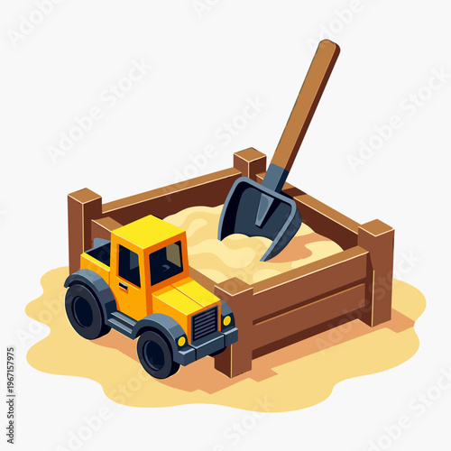 wooden sandbox with sand, shovel and yellow toy truck for educational materials, blogs, website design and infographics about outdoor play or child development, with copy space