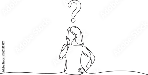 Line drawing of a woman with a question mark above her head