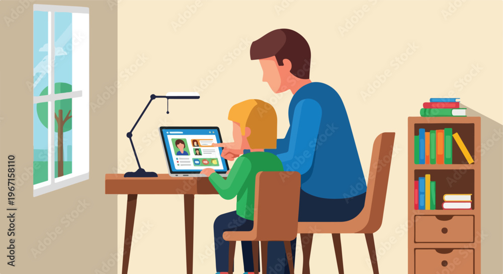 Fototapeta premium A man and a young child sitting at a desk together while using a laptop screen